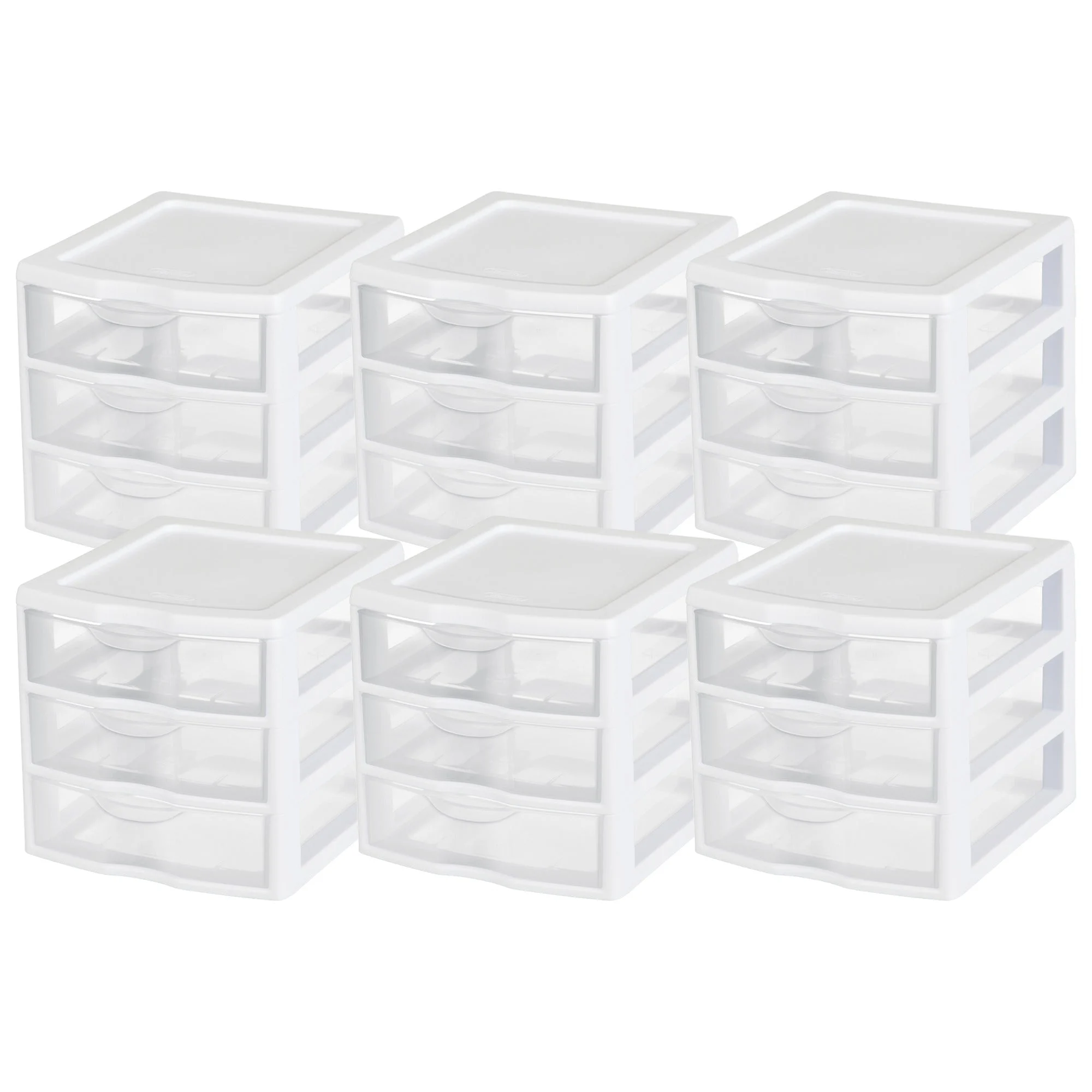 Sterilite ClearView Plastic Small 3 Drawer Desktop Storage Unit, White, 6 Pack