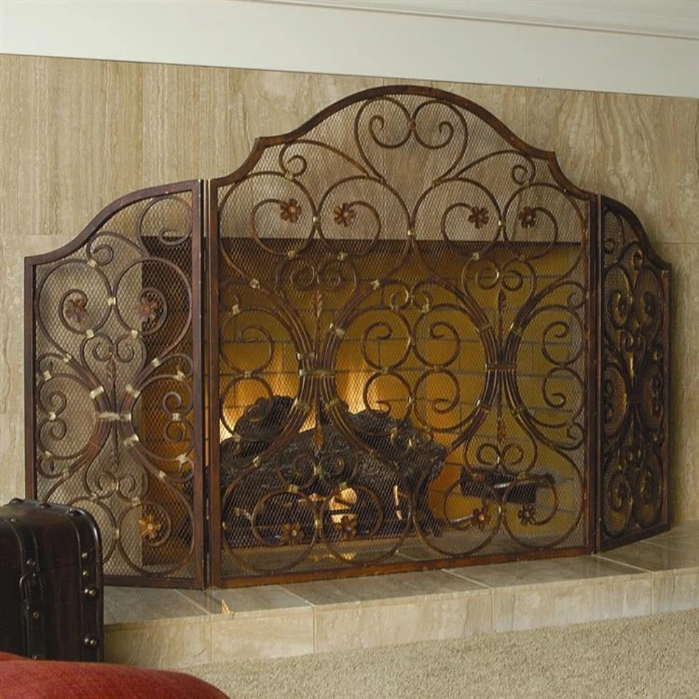 SPI Home Provincial Triple Panel Fireplace Screen – 33" Tall Iron Screen with Elegant Frame Design for Classic Hearth Decor