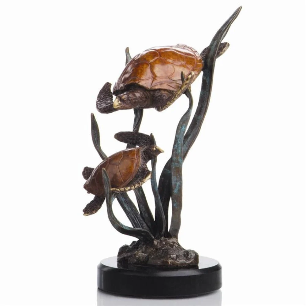 SPI Home Tortuga’s Pride Double Turtles Sculpture – 8.5" Solid Brass Sea Turtle Pair for Coastal or Ocean-Inspired Decor