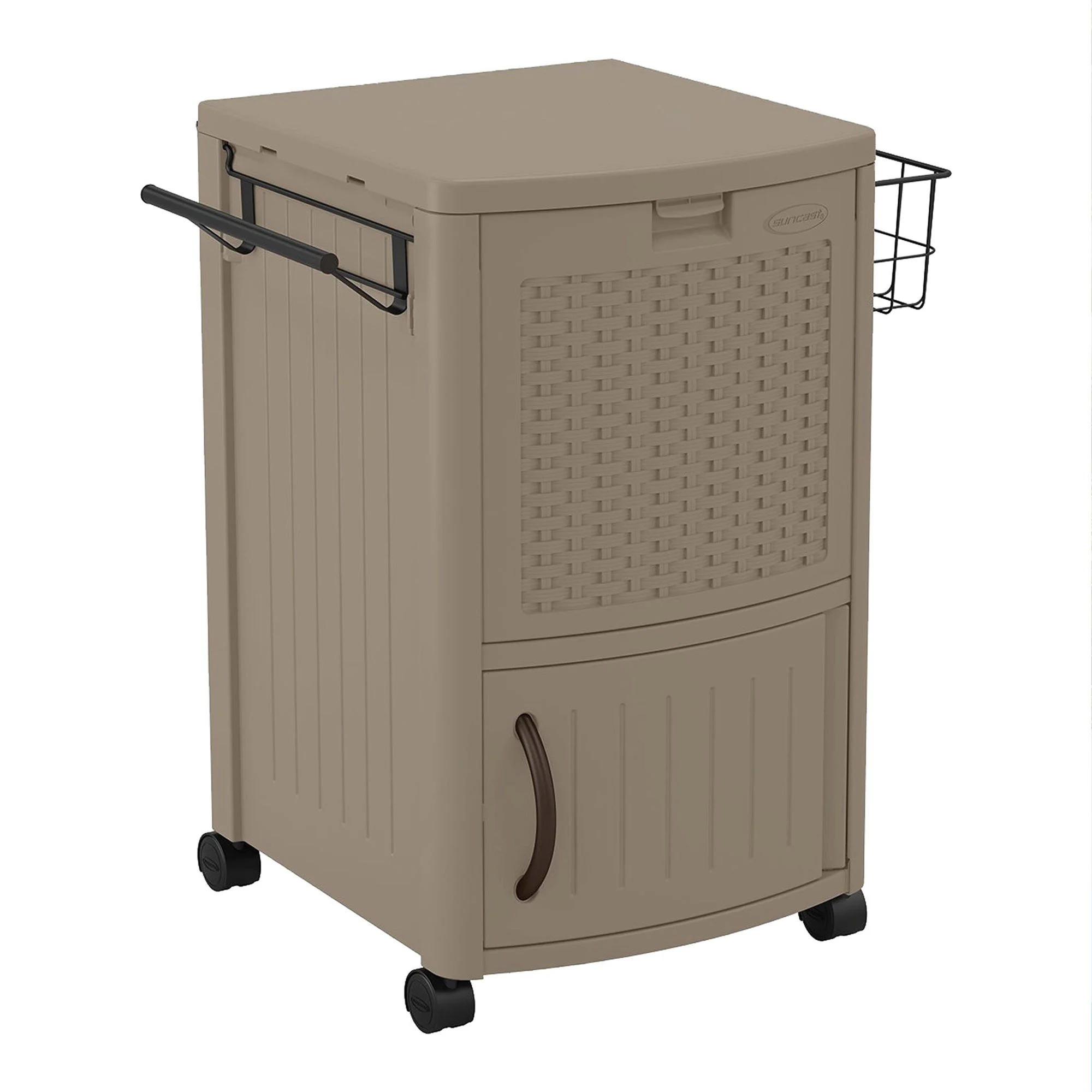 Suncast DCCW3000D 77 Quart Resin Wicker Patio Cooler with Cabinet & Wire Basket