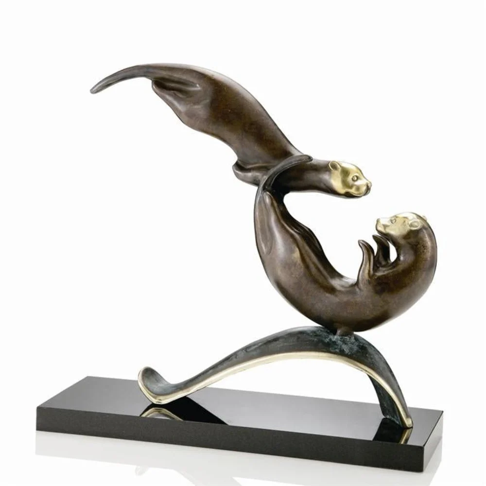 SPI Home Balancing Act Otters Brass Sculpture – Whimsical Marine Duo, 11" Tall Nature-Inspired Accent