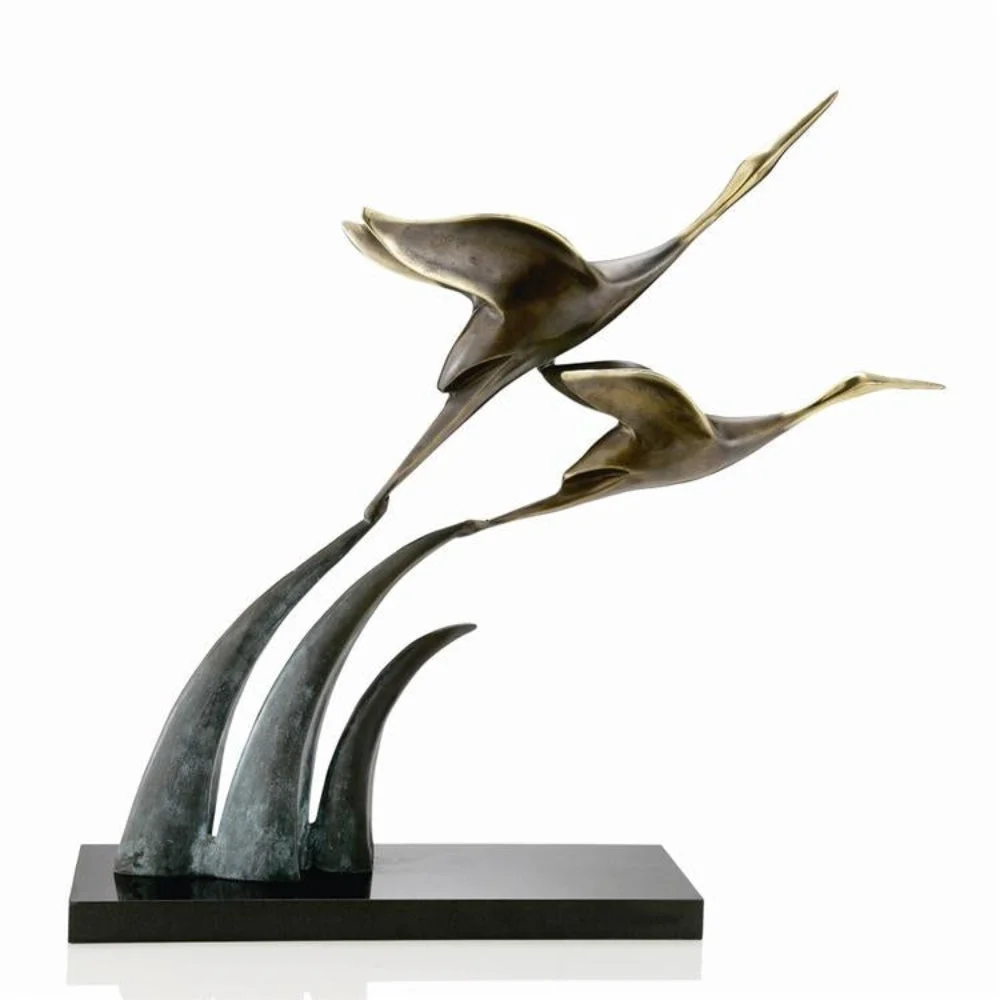 SPI Home Airborne Cranes Brass Sculpture – Graceful Flying Bird Figurine, 15.5" Tall Coastal Accent
