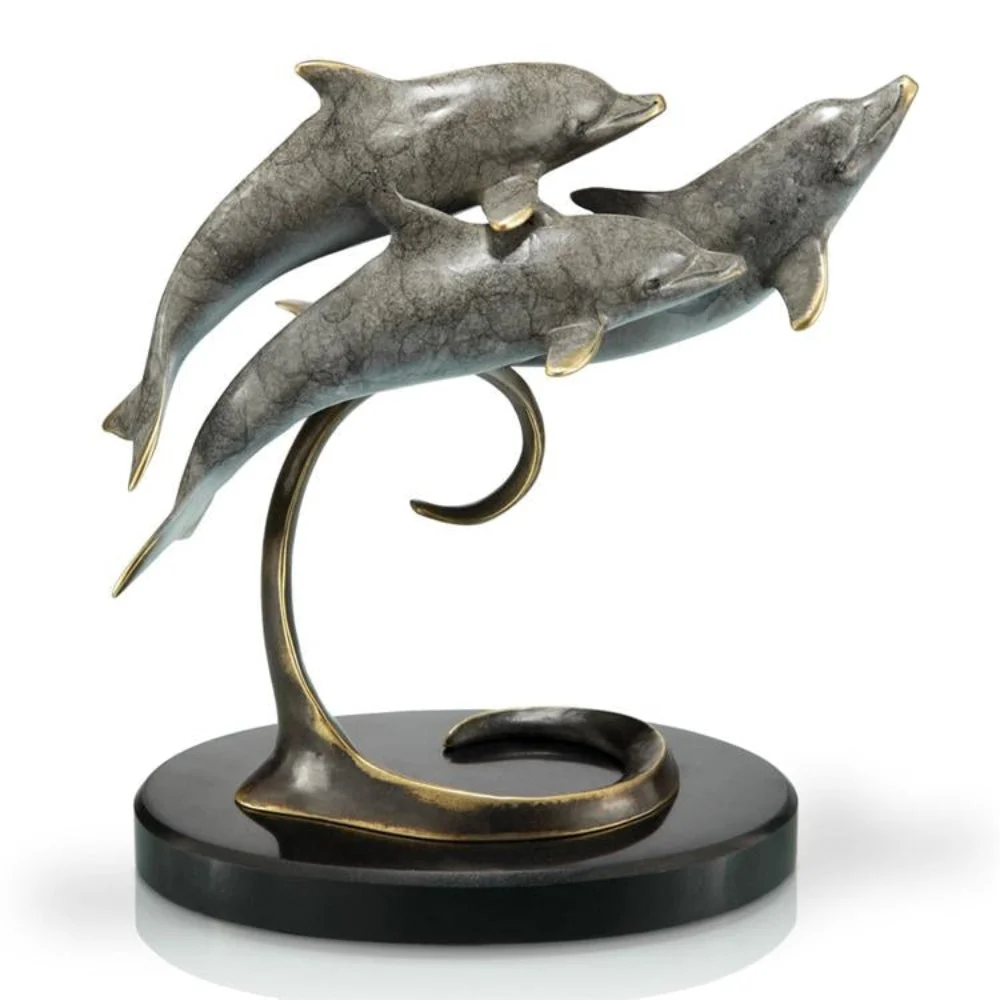 SPI Home Triple Dolphins Brass Sculpture on Marble Base – Coastal Table Accent, 8” Tall