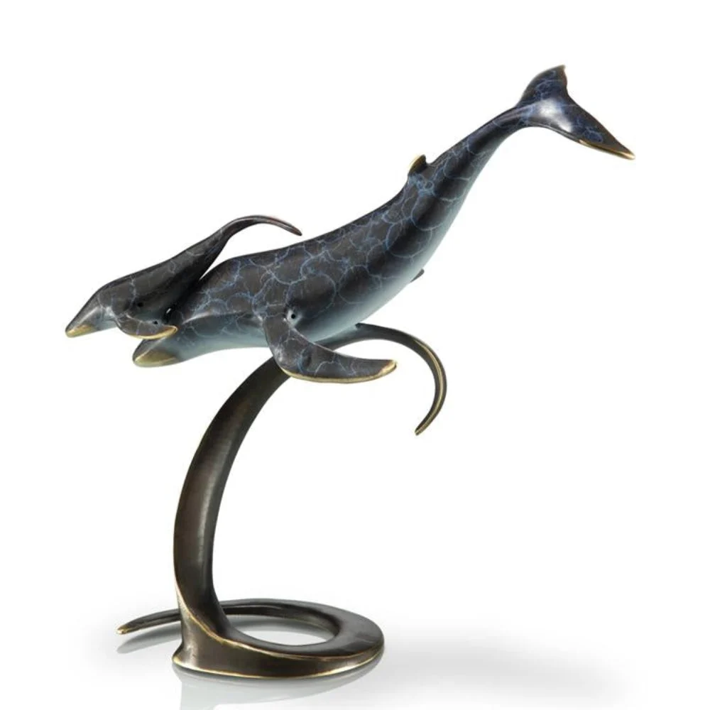 SPI Home Brass Whale Pair on Wave Sculpture – Ocean-Inspired Tabletop Accent, 12” Tall