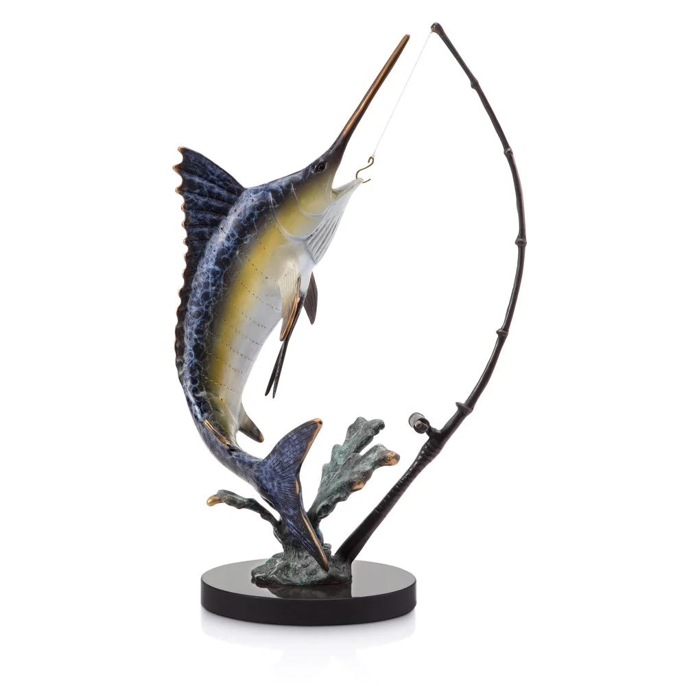 SPI Home Fighting Marlin with Tackle Brass Sculpture – Deep Sea Sport Fishing Accent, 15" Tall