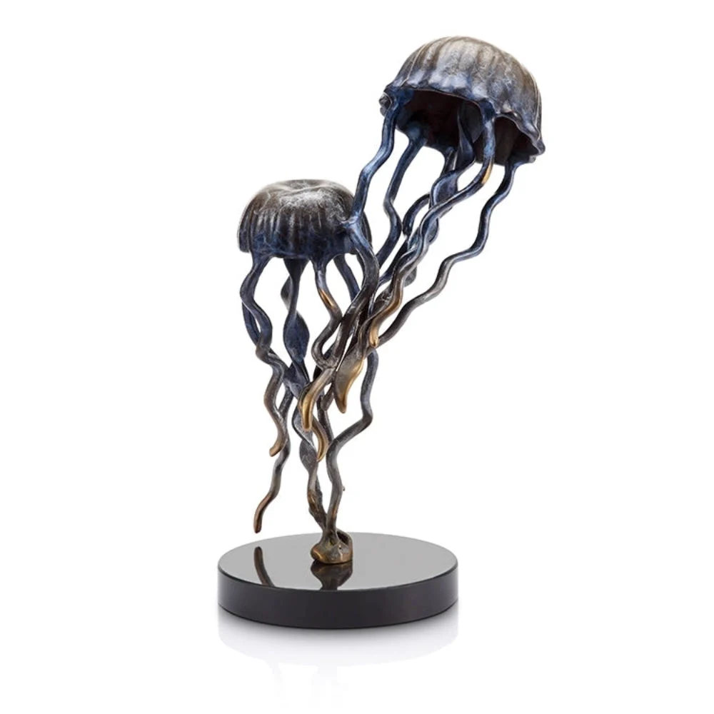 SPI Home Jellyfish Pair on Base Brass Sculpture Ocean Inspired Coastal Table Accent 11 Inches Tall