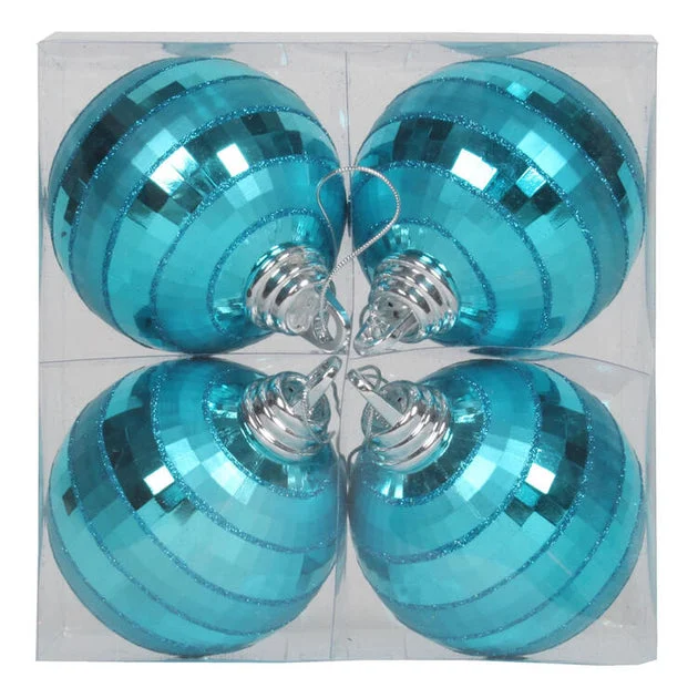 4" Turquoise Shiny/Matte Mirror Balls Ornaments 4 Per Box