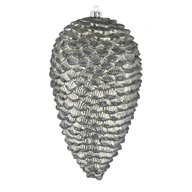 10" Pewter Matte Glitter Pine Cones 2 Per Box
