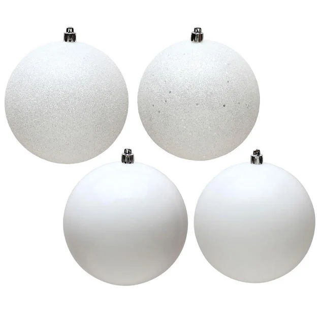 4" White Four-Finish Ball Christmas Ornaments 12 Per Box