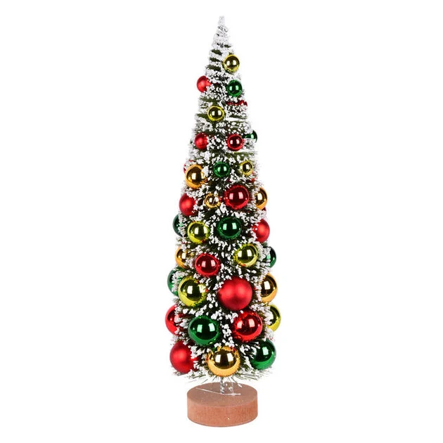 18" Vintage Tabletop Frosted Green Tree with Red, Frosted Green, and Gold Ornaments and Wood Base