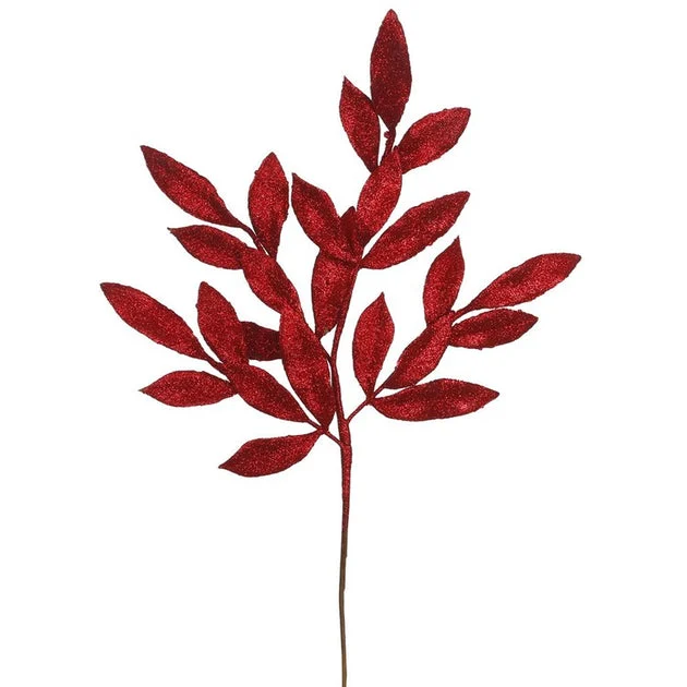 22" Red Glitter Bay Leaf Artificial Sprays 12 Per Bag