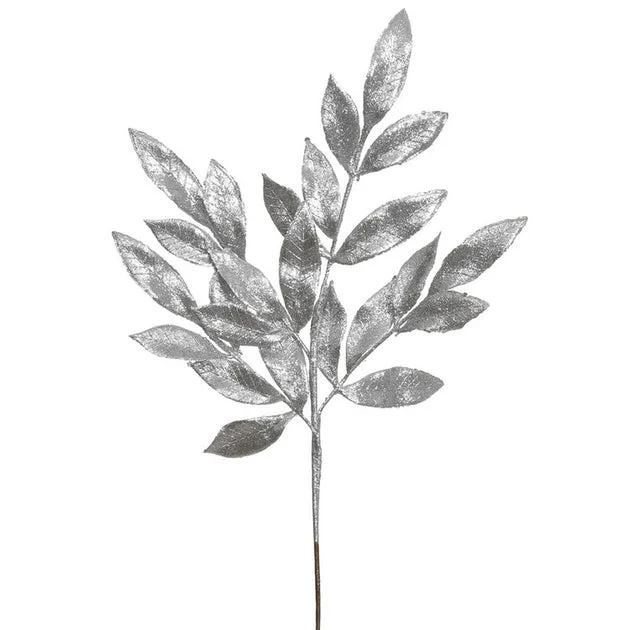 22" Silver Glitter Bay Leaf Artificial Christmas Sprays 12 Per Bag Brighten up your holiday project with this silver glitter bay leaf spray.
