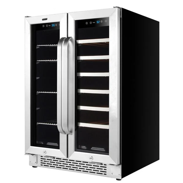 24" Built-In French Door Dual Zone 20-Bottle Wine Refrigerator 60-Can Beverage Center