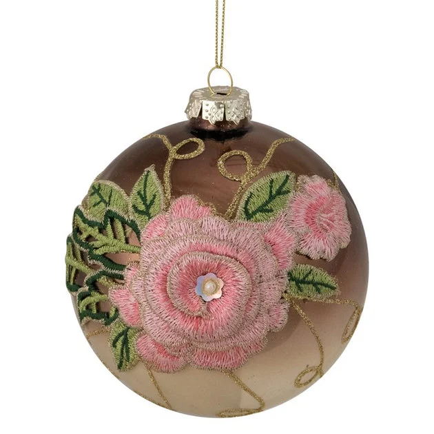 Two-Finish Brown and Pink Floral Applique Glass Christmas Ball Ornament 5" (125mm)