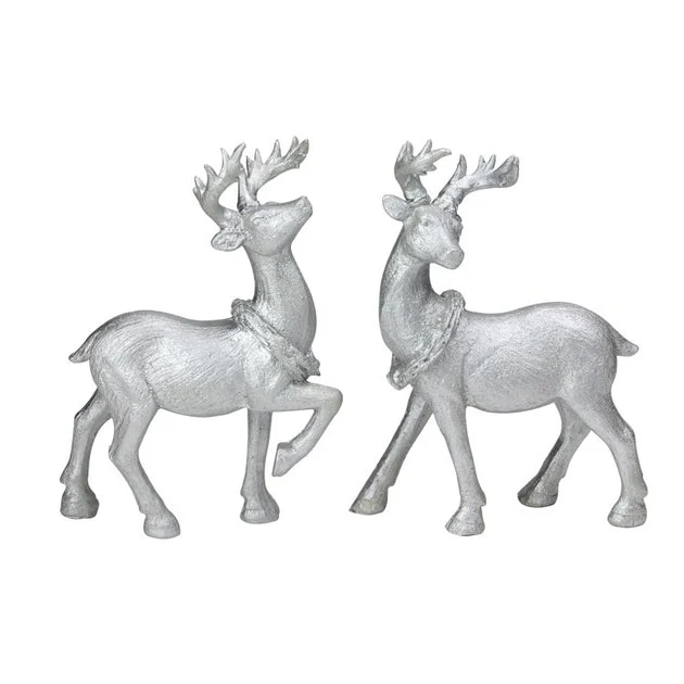 Silver Glitter Dusted Christmas Table Top Reindeer Figures Set of 2