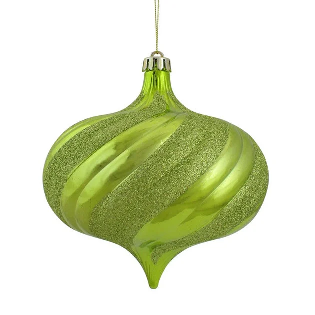 5.75" Kiwi Green Swirl Shatterproof Two-Finish Christmas Onion Drop Ornaments 4-Count