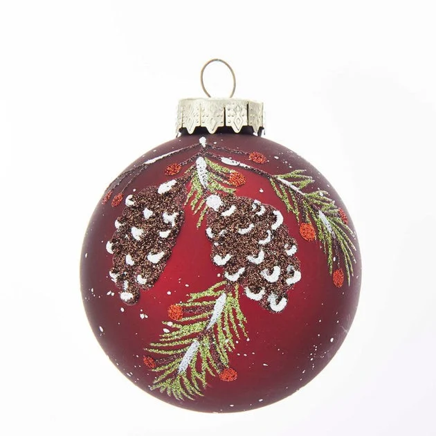 80mm Glass Red With Pine Cone Design Ball Ornaments 6-Piece Box Set