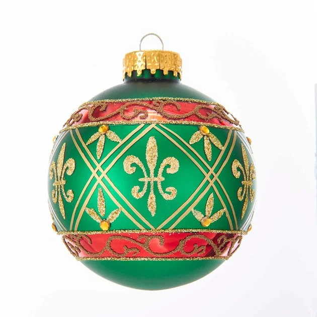 80mm Green Glass Ball Ornament With Red And Gold Fleur-De-Lis Design, 6-Piece Box