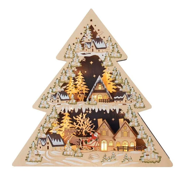 17" Wooden Tree-Shaped Christmas Village with Santa, LED Illuminated, Cordless
