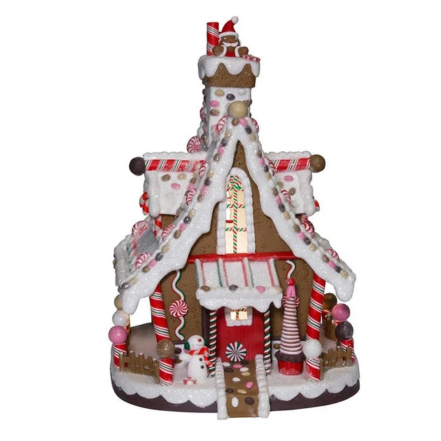 12" Peppermint Frosted Gingerbread House, Illuminated with C7 Bulb, Electric Plug
