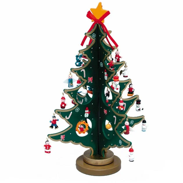 11.75" Wooden Tree with Miniature Wooden Ornaments, 25-Piece Set