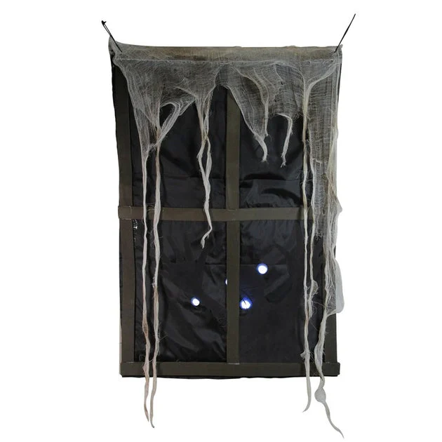 41" Pre-Lit Black and Gray Ghostly Window with Tattered Curtain Halloween Decor