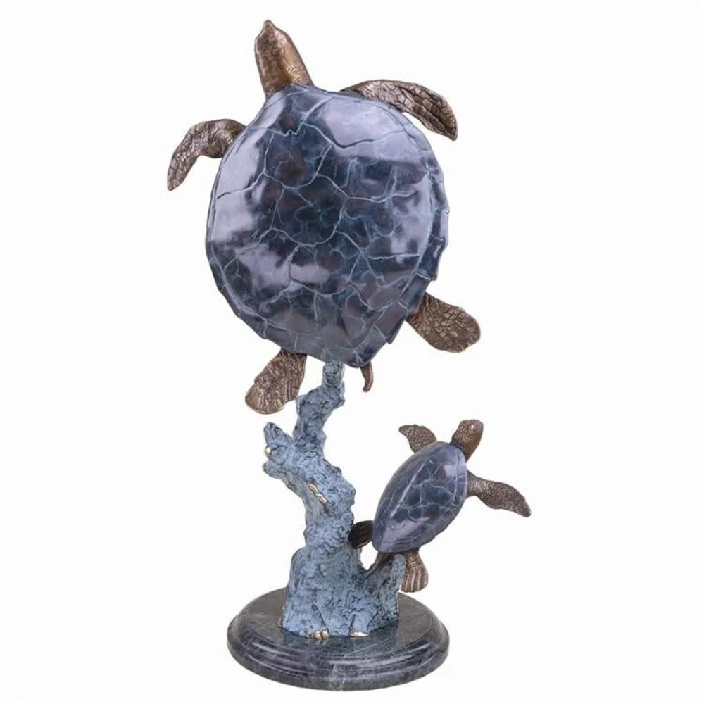 SPI Home Mother and Baby Sea Turtles Brass Sculpture – Coastal Family Marine Art, 27" Tall Ocean Accent
