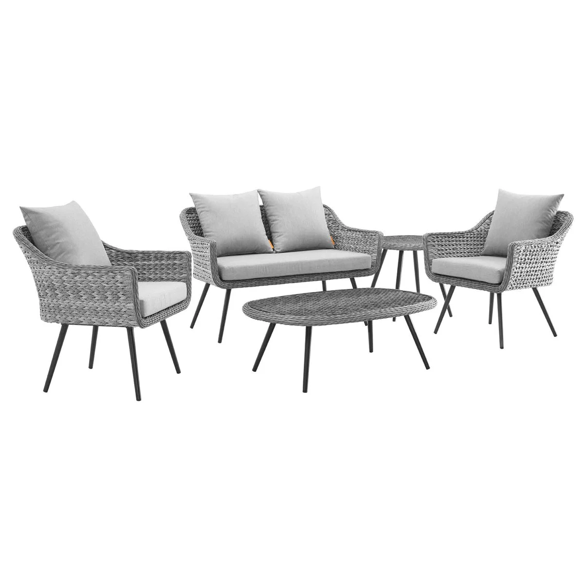 Modway Endeavor 5 Piece Outdoor Patio Wicker Rattan Loveseat Armchair Coffee Table and Side Table Set