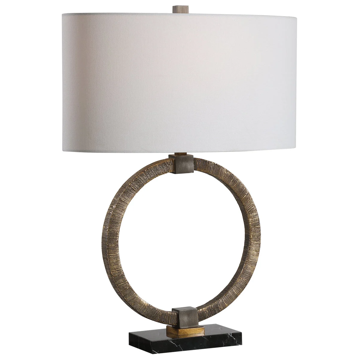 Uttermost Relic Aged Gold Table Lamp – Tribal-Inspired Hand-Carved Resin with Black Marble Base, 26" Height
