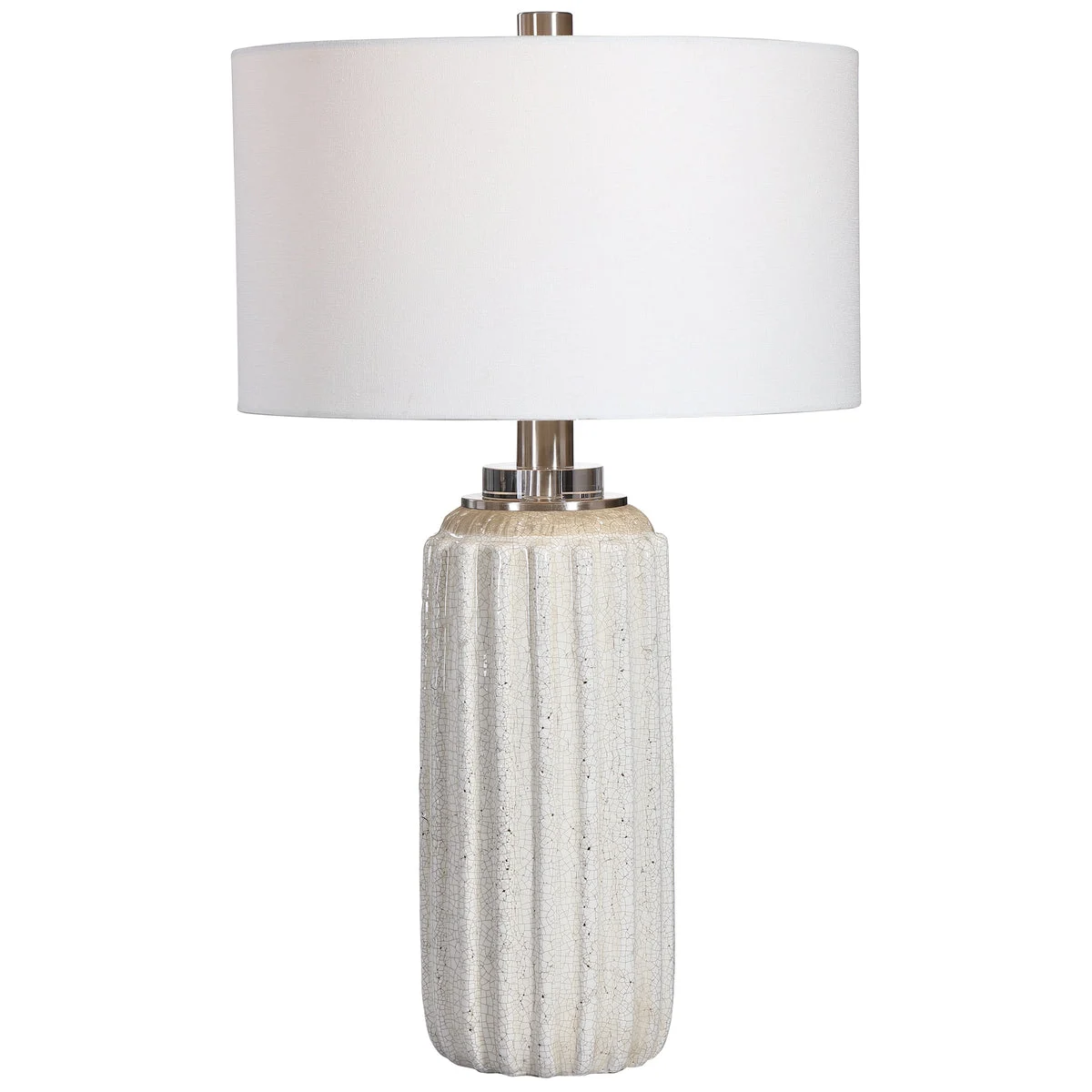 Uttermost Azariah White Crackle Table Lamp with Ribbed Ceramic Base, Crystal Accents & Drum Shade, 29"H
