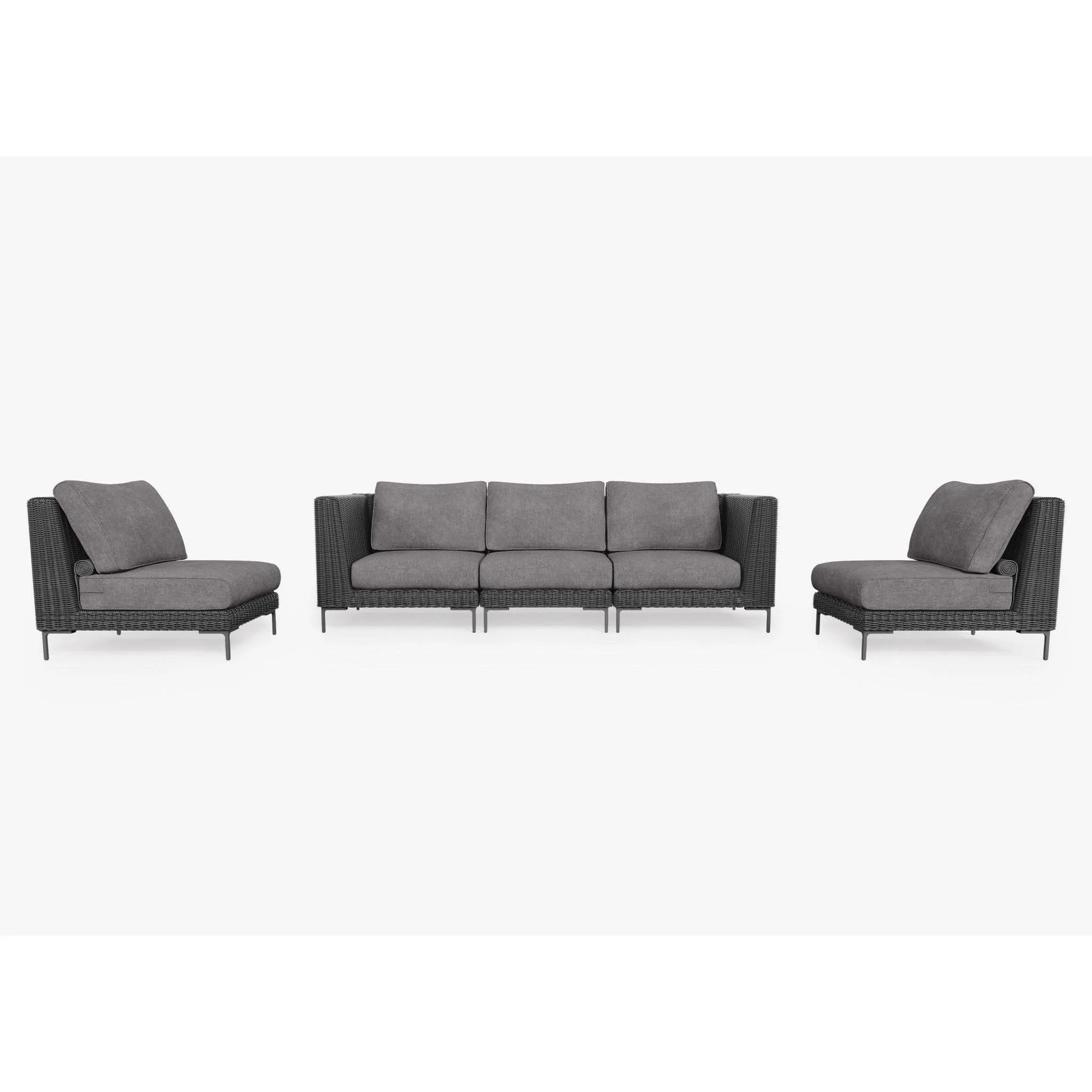 Live Outer 103" Black Wicker Outdoor Sofa With Armless Chairs & Dark Pebble Gray Cushion (5-Seat)