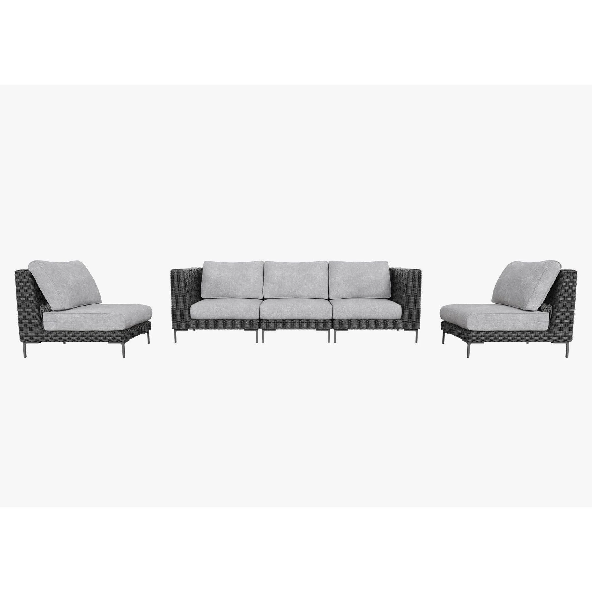 Live Outer 103" Black Wicker Outdoor Sofa With Armless Chairs & Pacific Fog Gray Cushion (5-Seat)