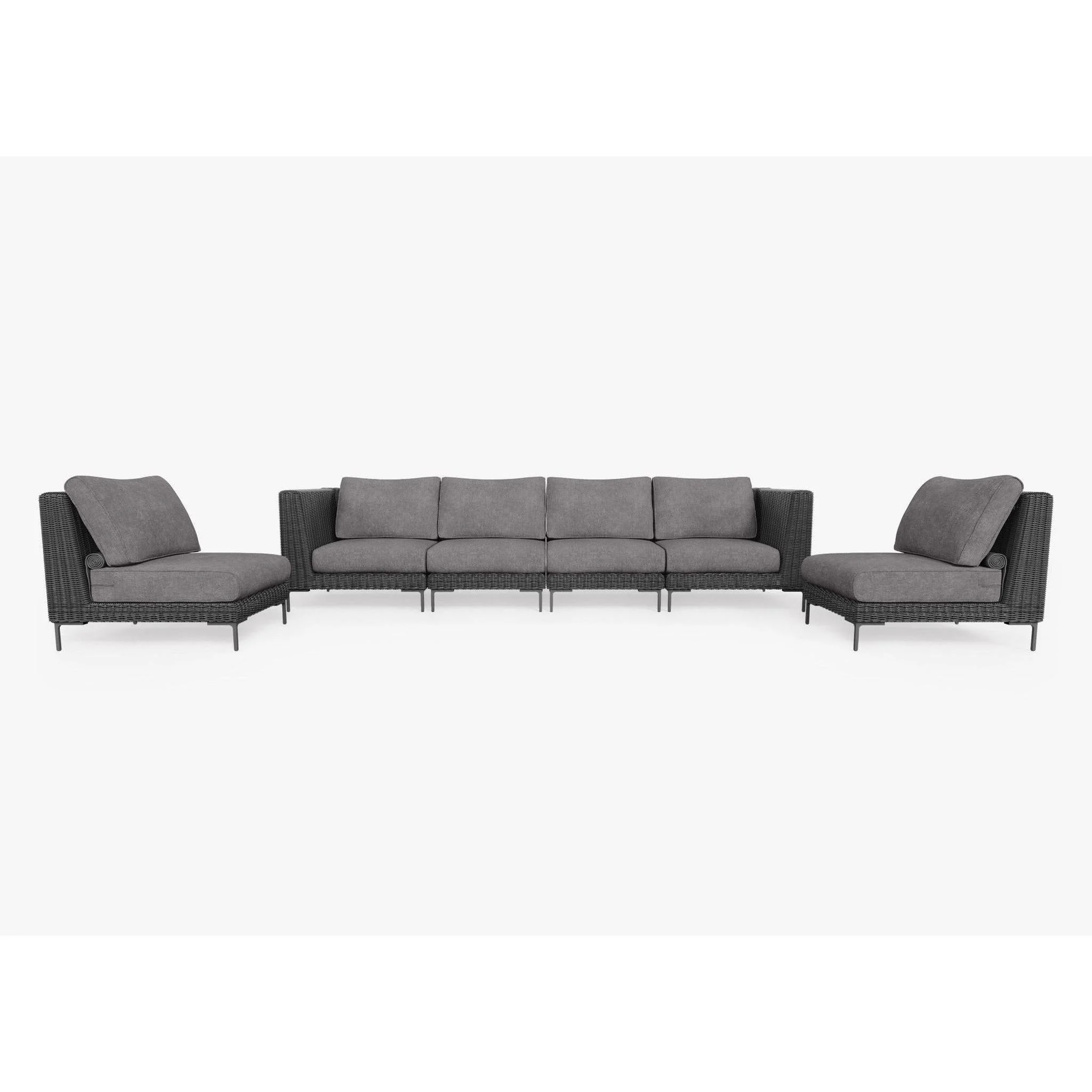 Live Outer 132" Black Wicker Outdoor Sofa With Armless Chairs & Dark Pebble Gray Cushion (6-Seat)