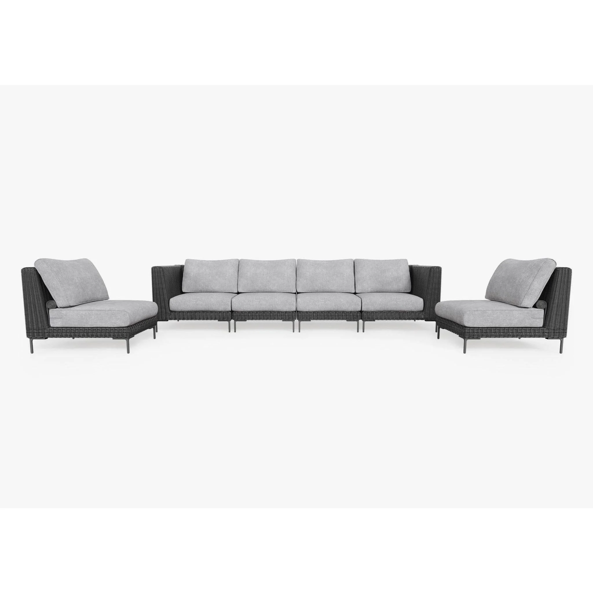 Live Outer 132" Black Wicker Outdoor Sofa With Armless Chairs & Pacific Fog Gray Cushion (6-Seat)