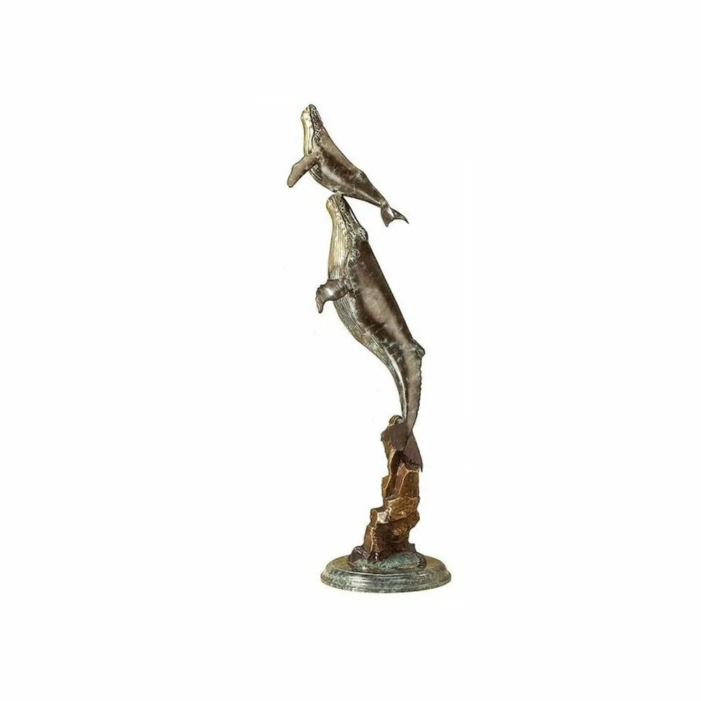 SPI Home Double Whale on Wave Brass Sculpture – Coastal Ocean-Inspired Art, 34" Tall Statement Piece