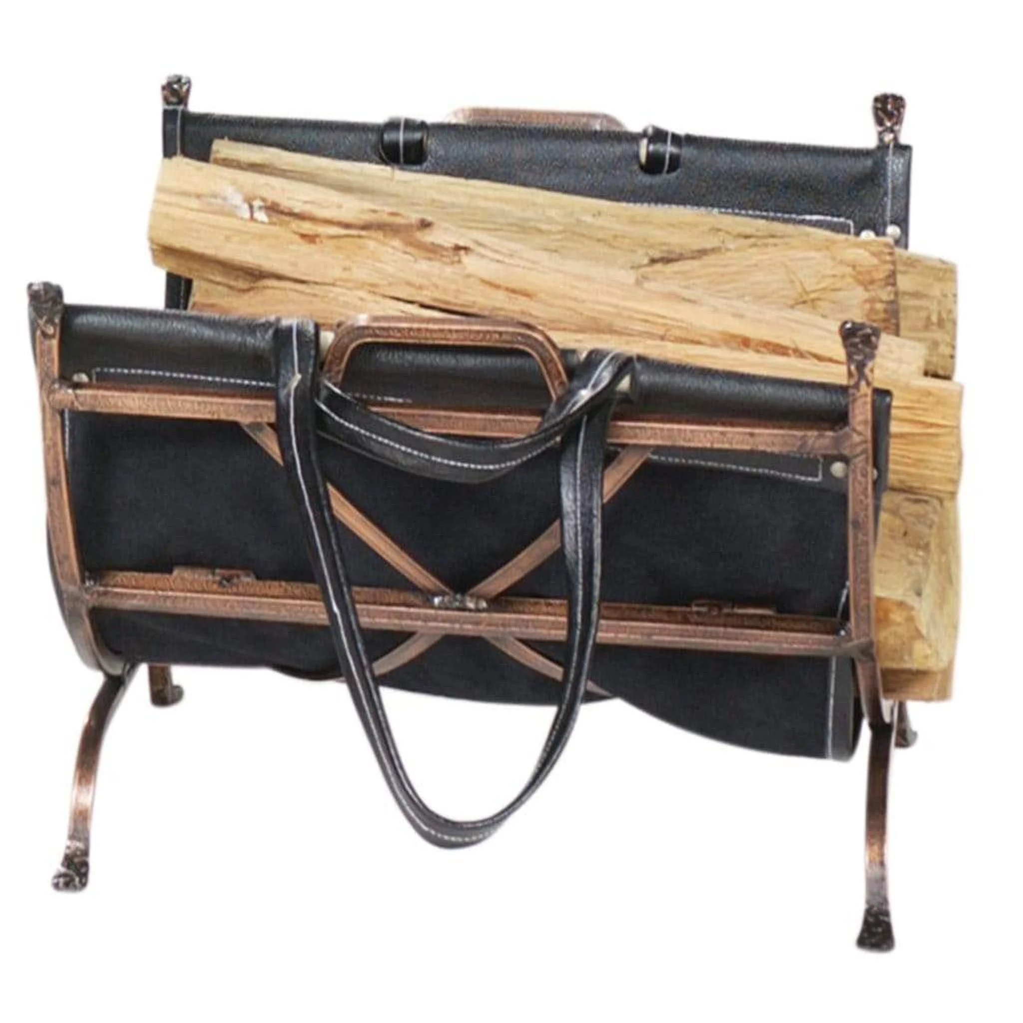 UniFlame 22" W-1315 Antique Copper Wrought Iron Log Holder w/ Black Leather Carrier