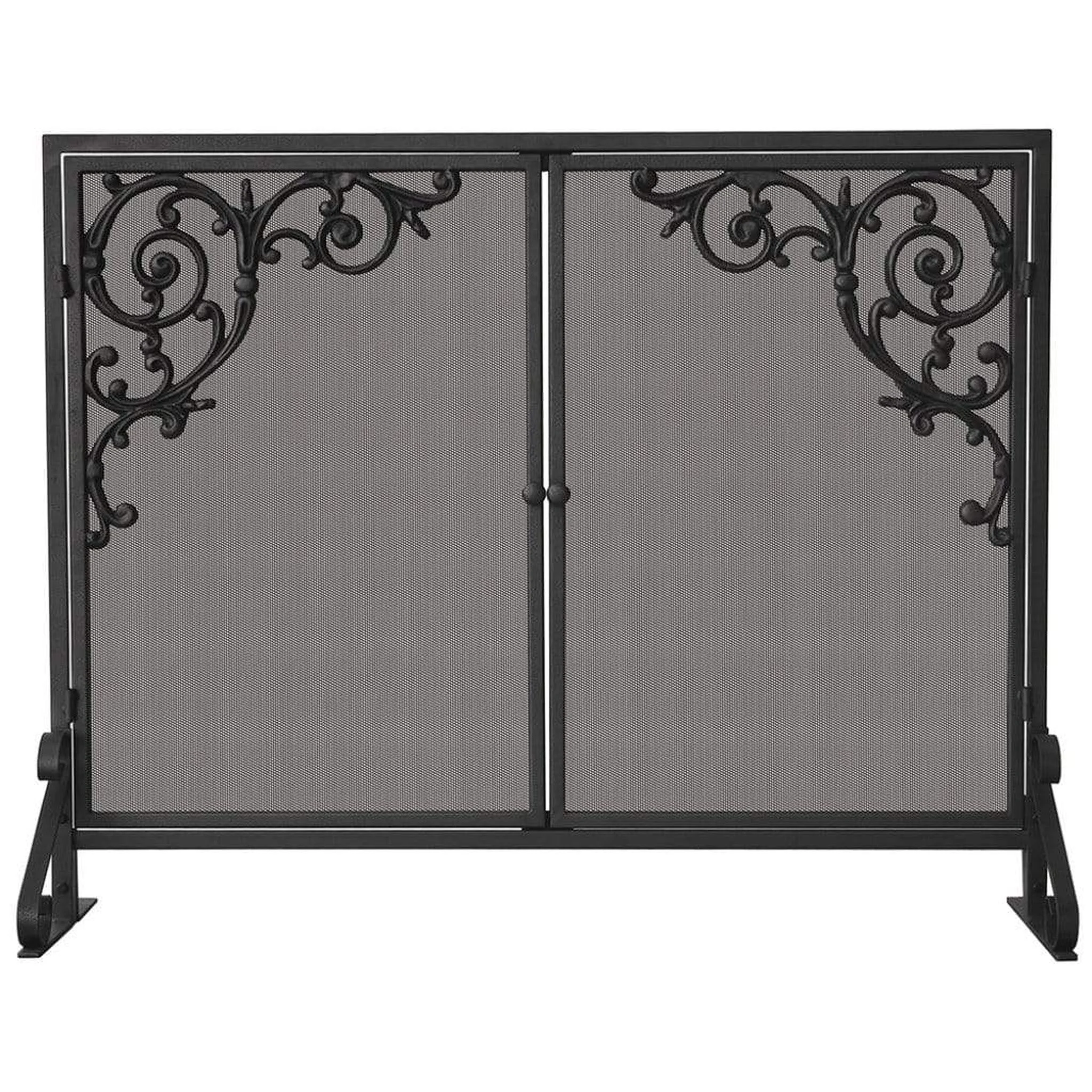 UniFlame 39" S-1471 Single Panel Olde World Iron Screen w/ Doors & Cast Scrolls