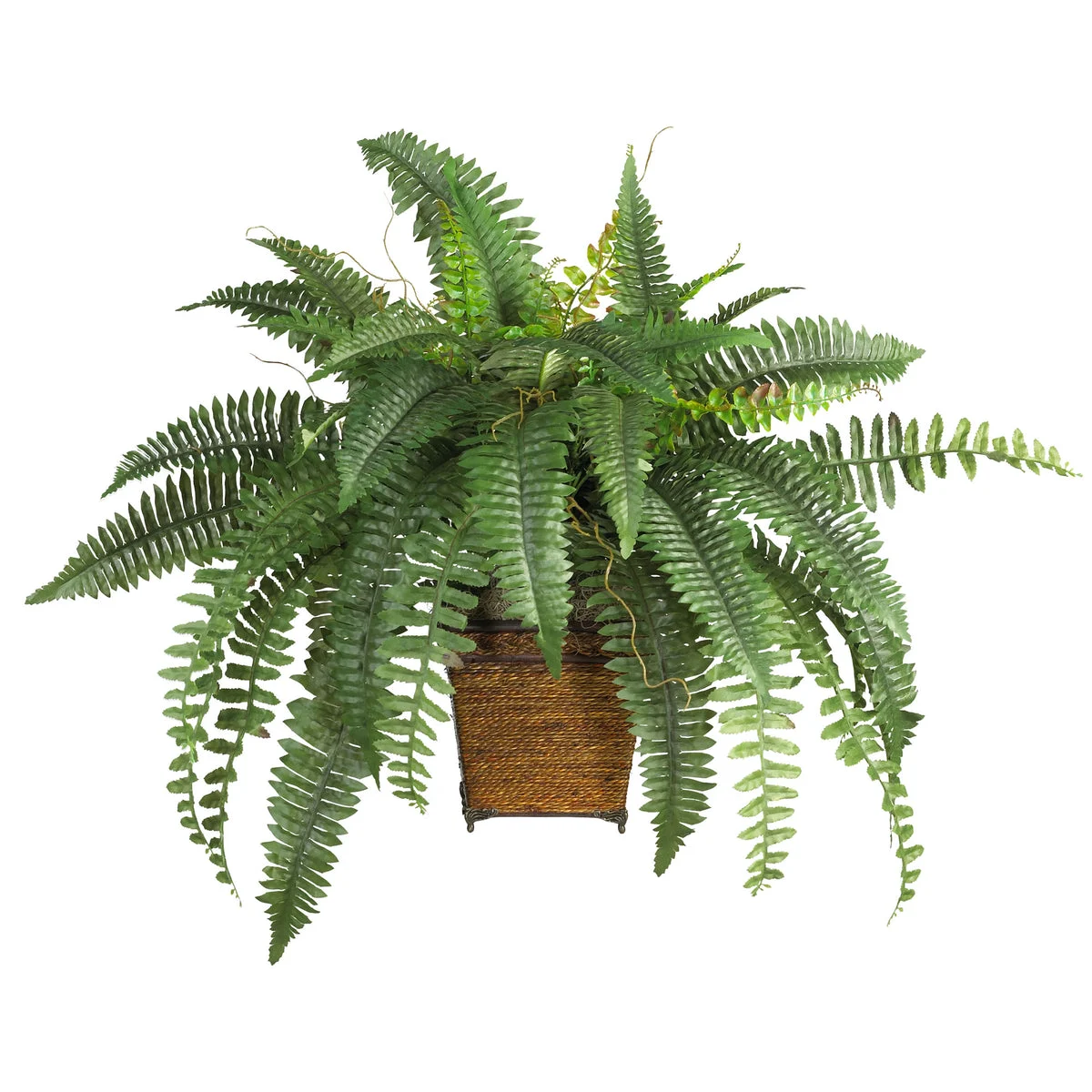 Nearly Natural Boston Fern w/Wood Wicker Basket Silk Plant
