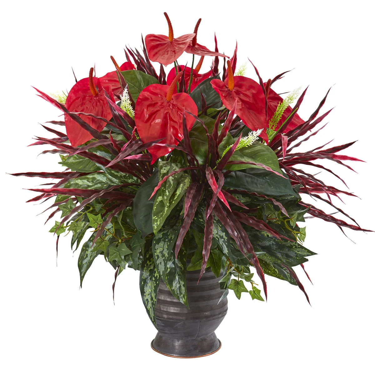 Nearly Natural P1035 24" Artificial Green & Red Mixed Anthurium Plant in Ribbed Metal Planter