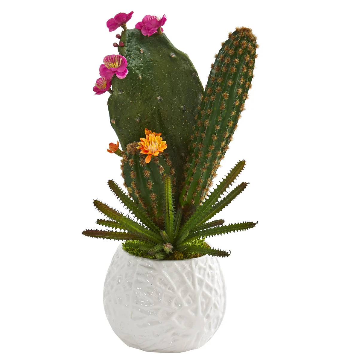 Nearly Natural P1286 17" Artificial Green Mixed Cactus Plant in White Planter