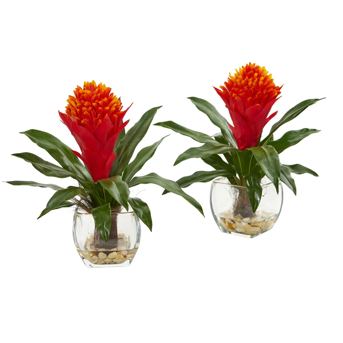Nearly Natural 8500-S2 11" Artificial Green & Red Bromeliad Plant in Vase, Set of 2