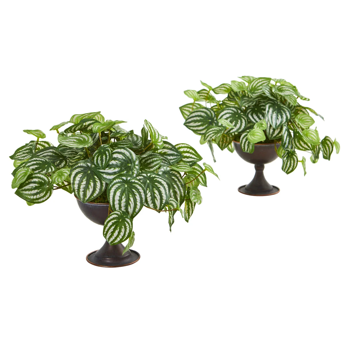 Nearly Natural 8599-S2 11" Artificial Green Real Touch Watermelon Peperomia Plant in Metal Chalice, Set of 2