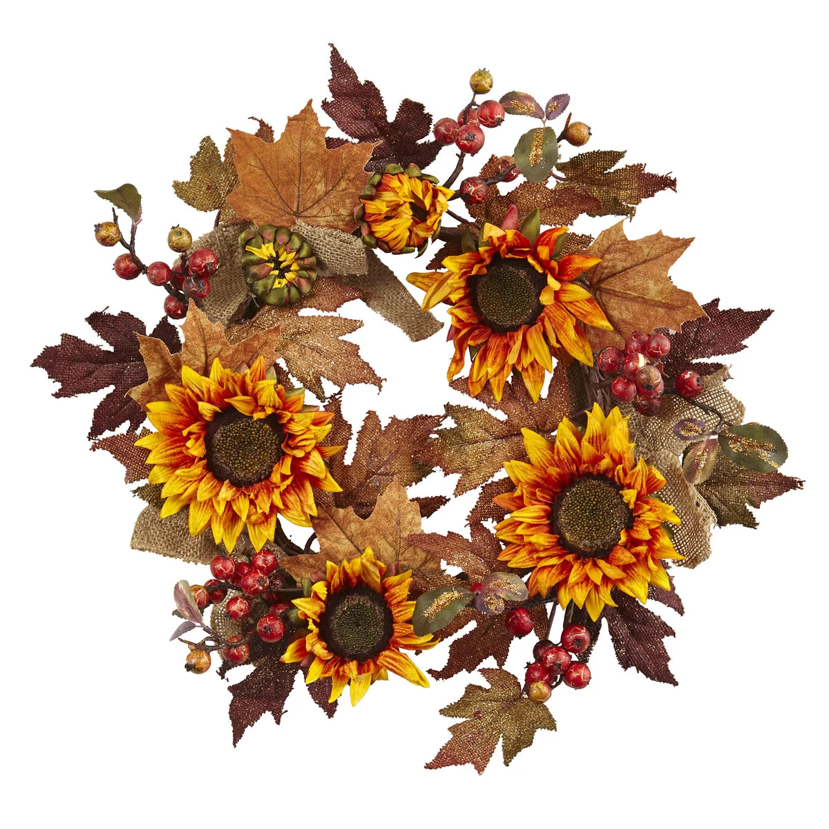 Nearly Natural 4867 24" Artificial Green & Yellow Sunflower & Berry Wreath