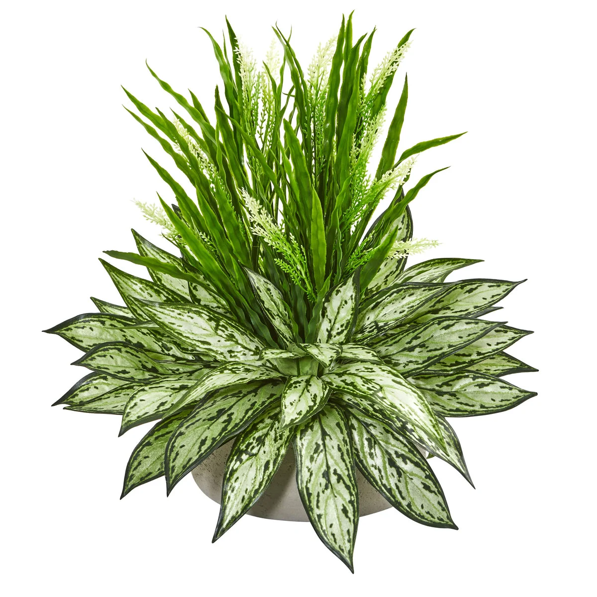 Nearly Natural 8430 19" Artificial Green Silver Queen & Grass Plant in Stone Planter