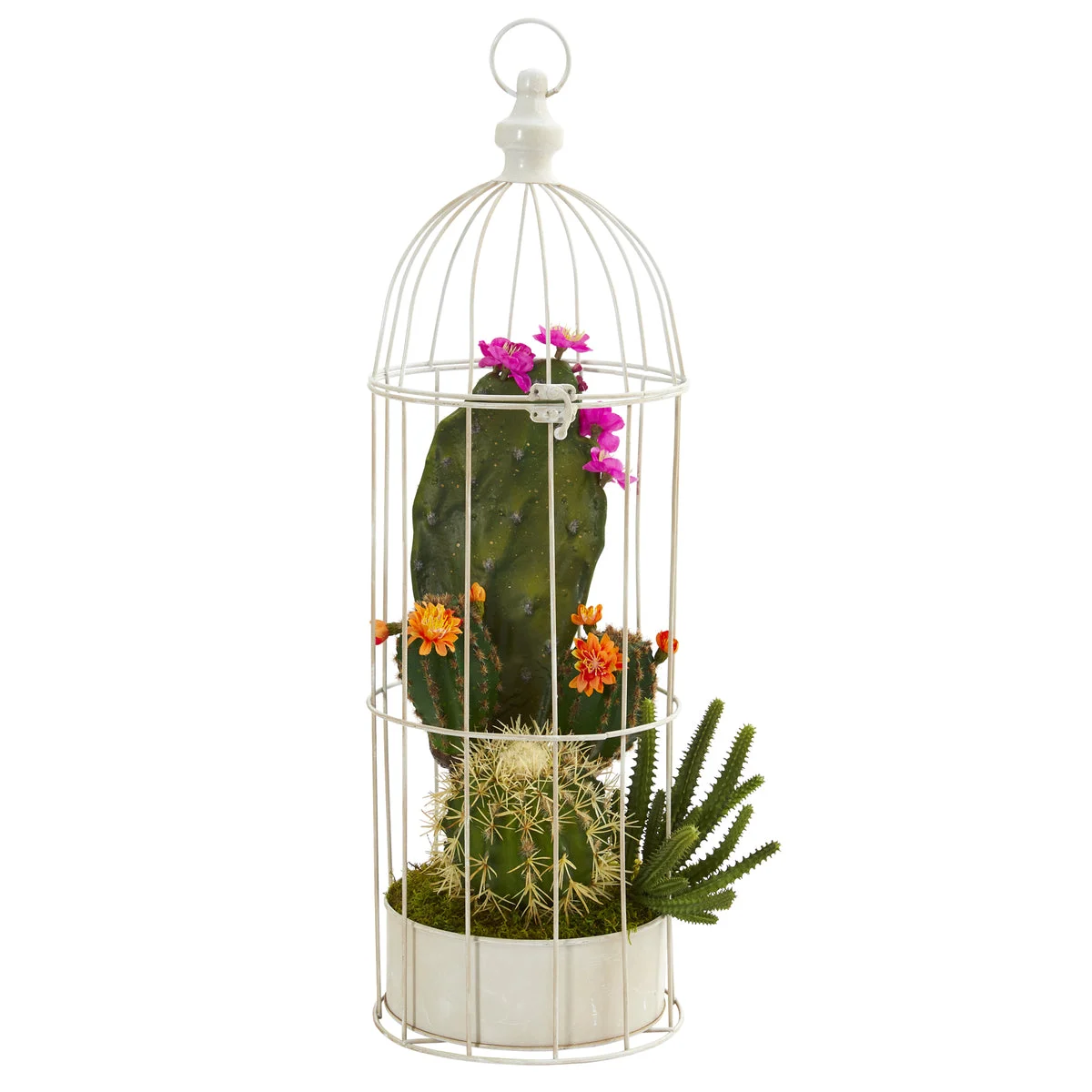 Nearly Natural P1250 24" Artificial Green Mixed Cactus Succulent Plant in Decorative Cage
