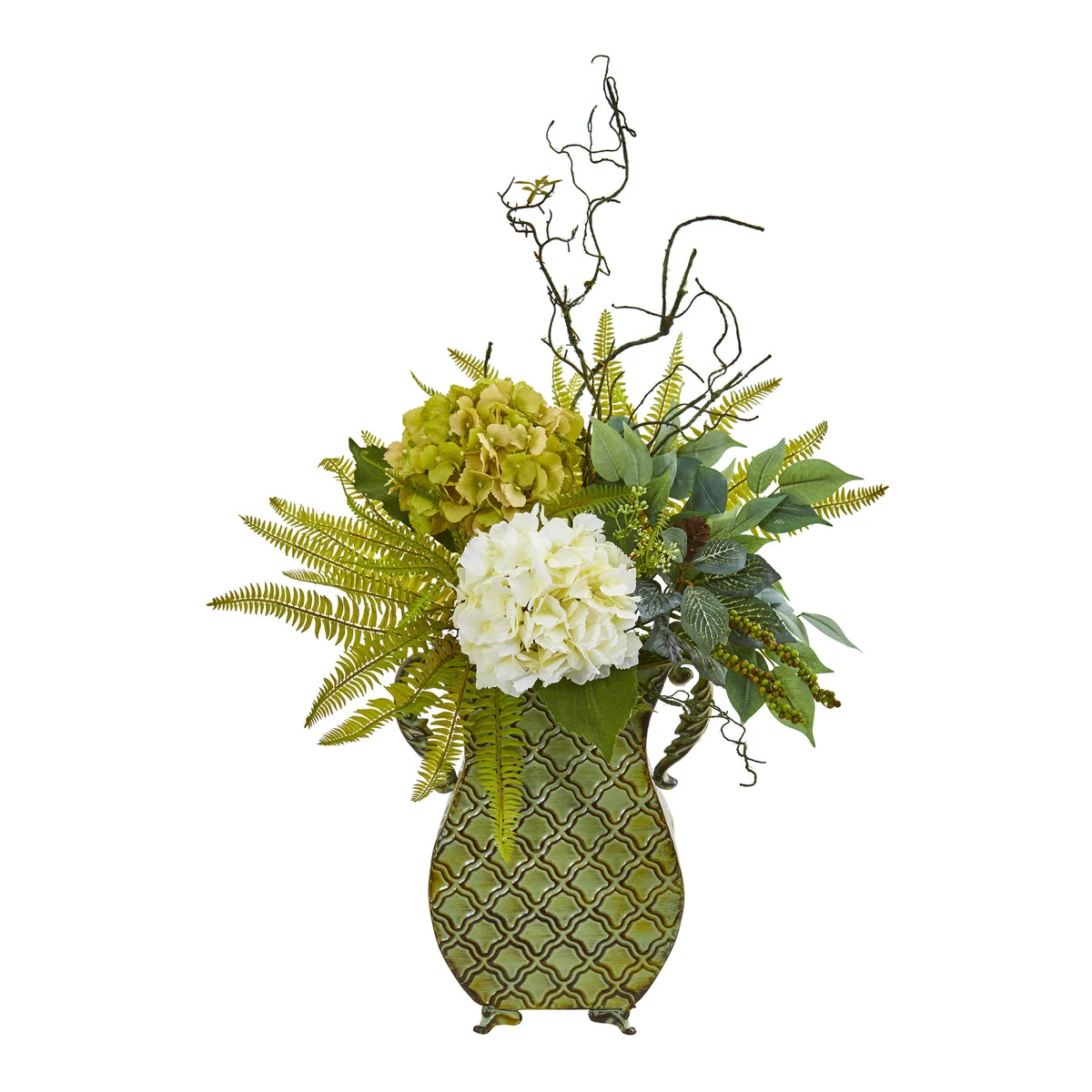 Nearly Natural 8788 25" Artificial Green & White Hydrangea, Ficus, & Fern Plant in Metal Planter