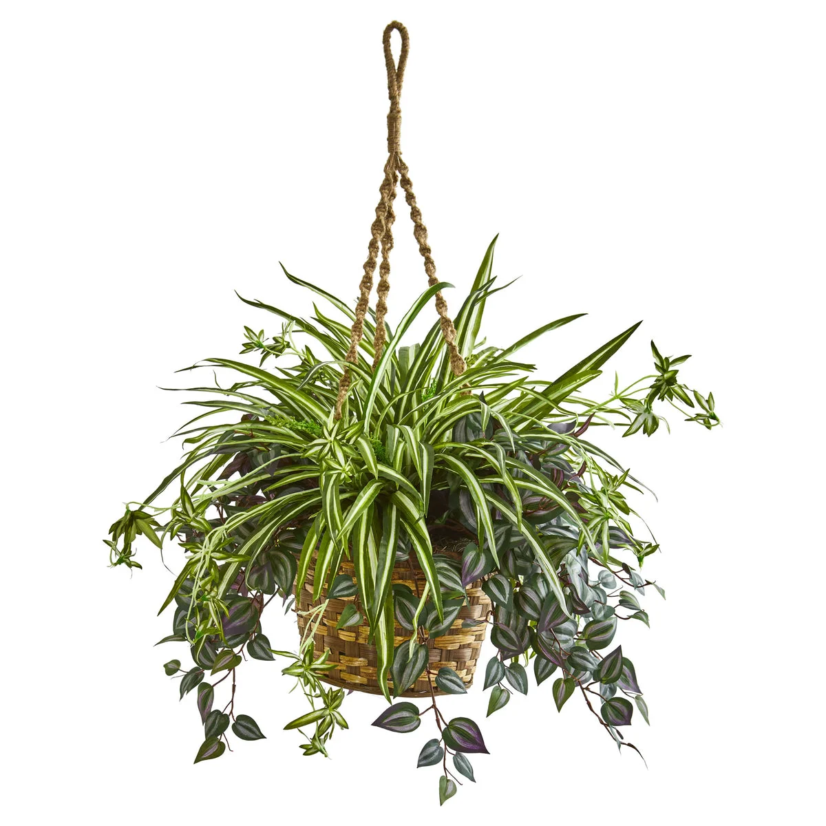 Nearly Natural 8393 30" Artificial Green Wandering Jew & Spider Plant in Hanging Basket