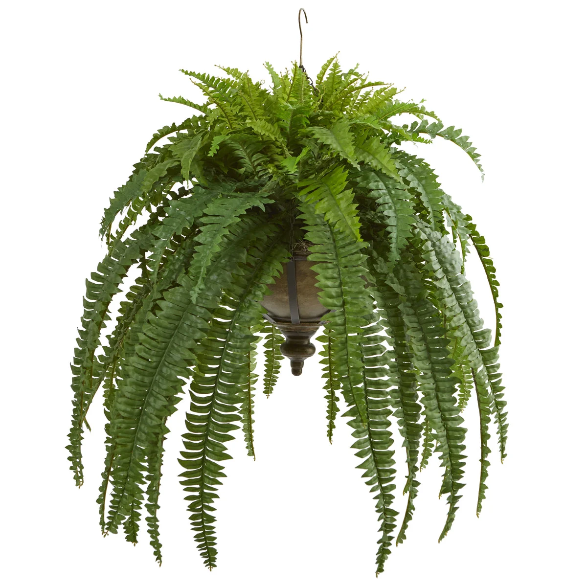 Nearly Natural 8607 39" Artificial Green Boston Fern Plant in Metal Hanging Bowl