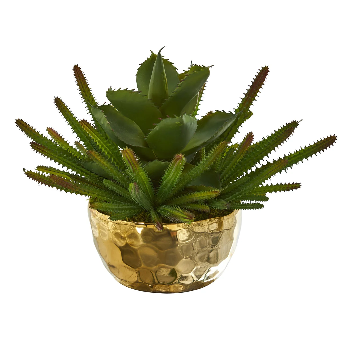 Nearly Natural P1221 13" Artificial Green Succulent Plant in Gold Bowl