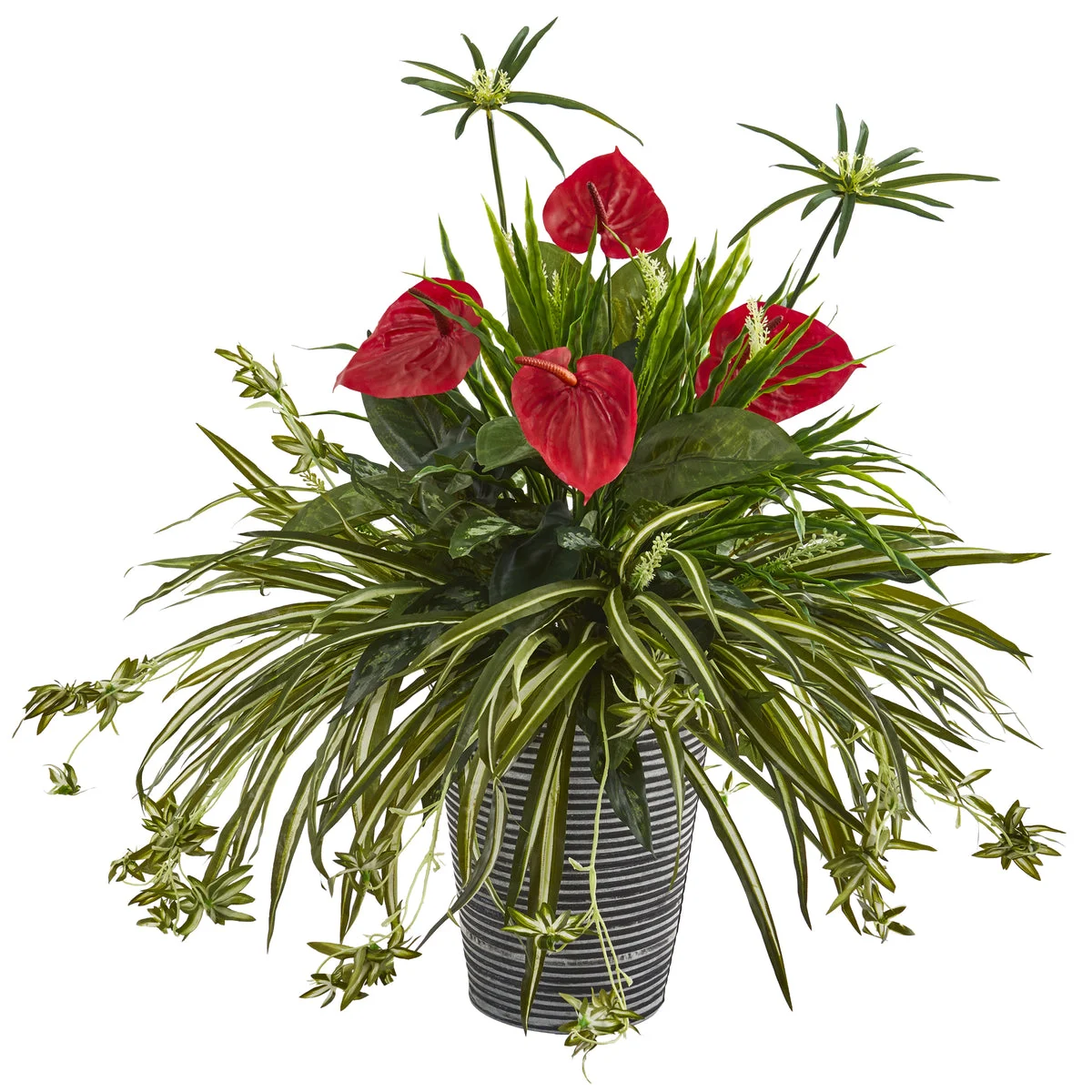 Nearly Natural P1255 32" Artificial Green & Red Mixed Anthurium & Spider Plant in Decorative Tin Planter